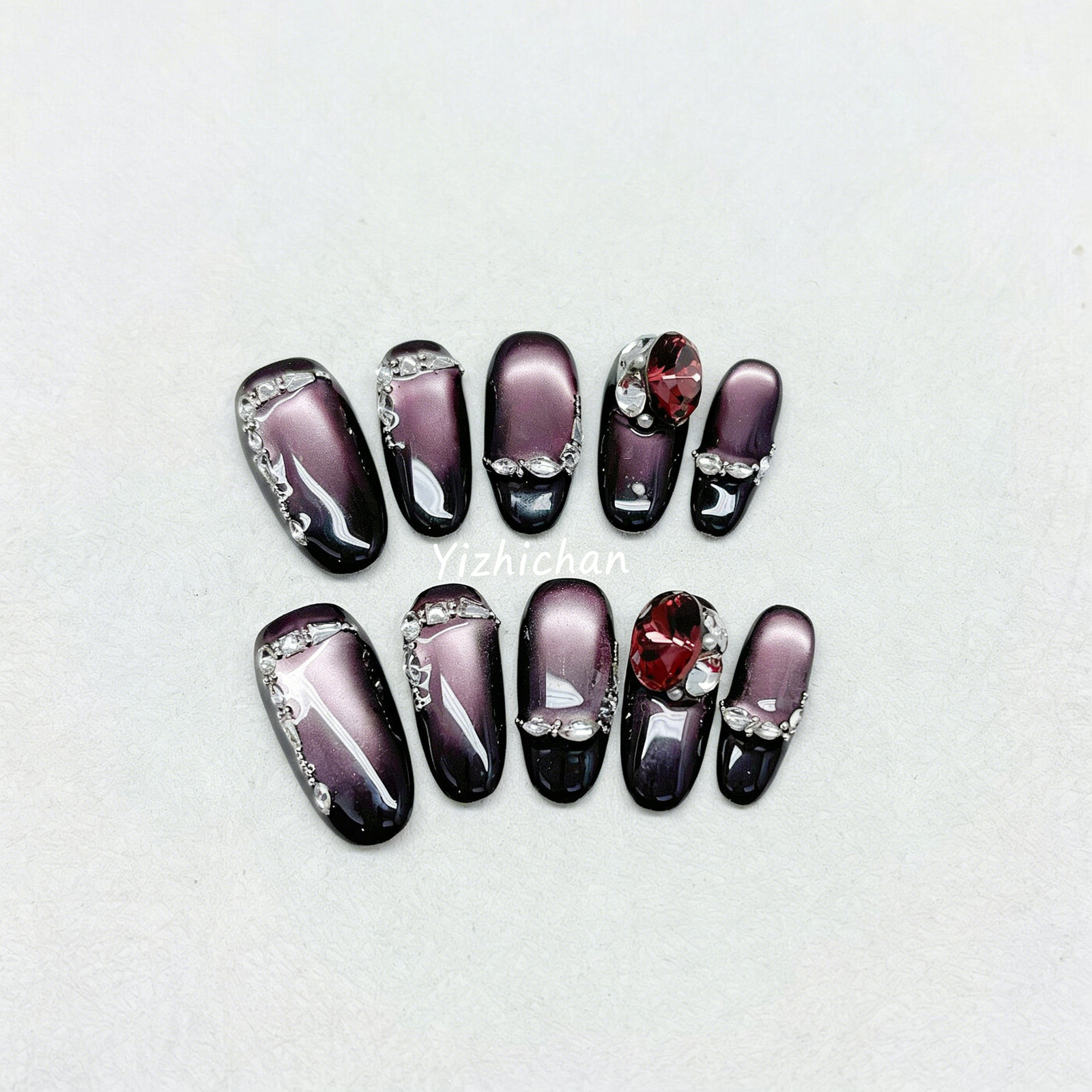 [Dark Noble Lady] Premium Dark Purple Cat Eye Handmade Press On Nails, Cool Spic