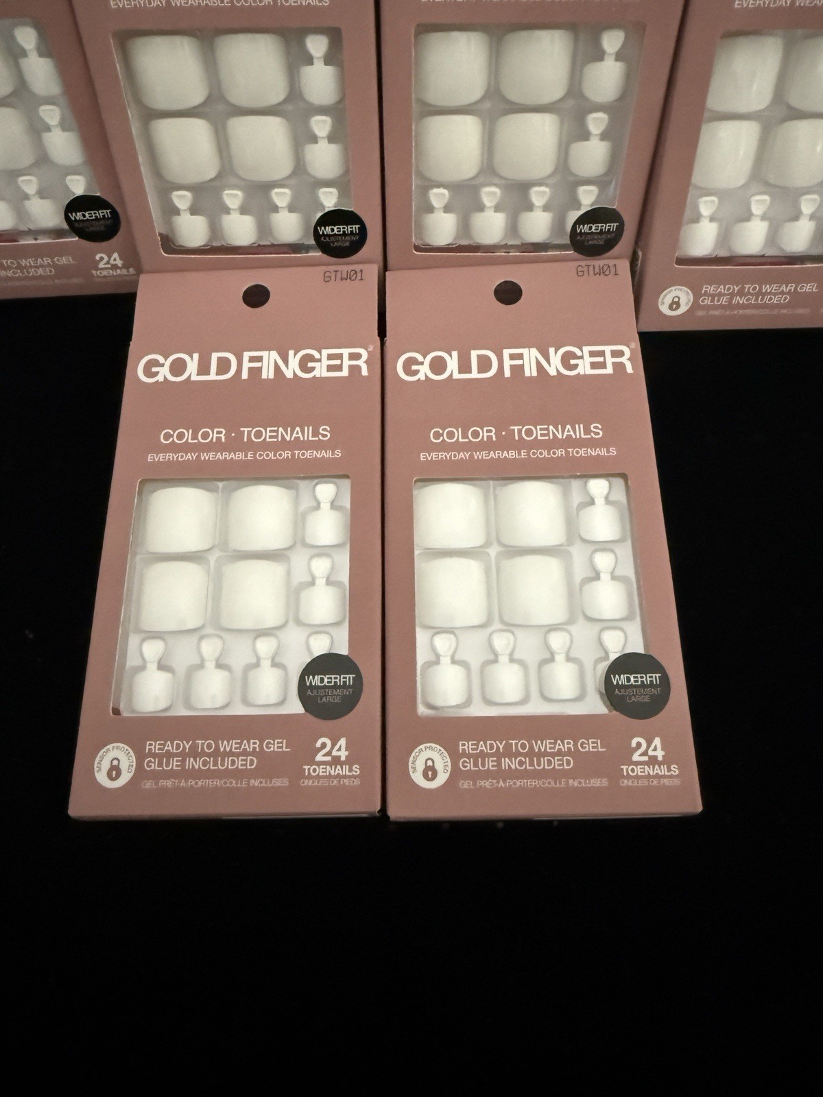 *10* Gold Finger White Shiny Toe Press-On Nails Short Square Glue Included GTW01