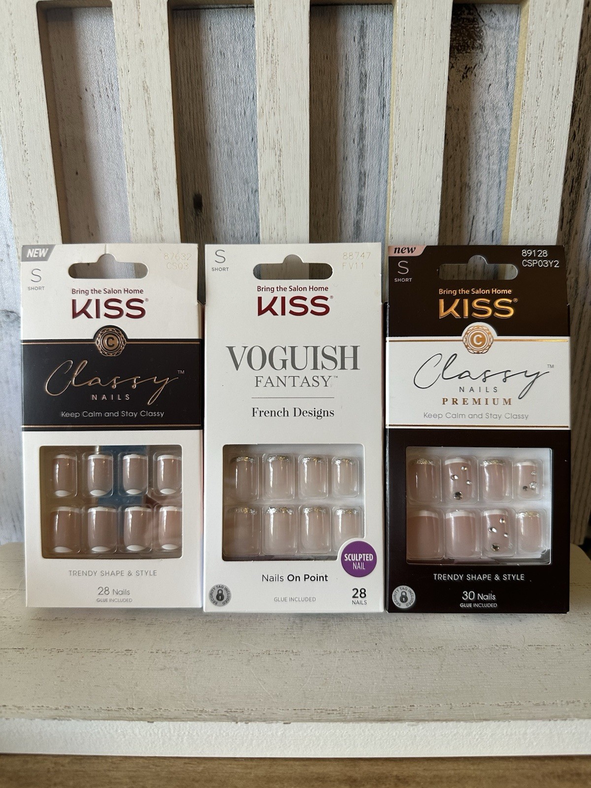 Kiss Classy and Voguish Glue On Fake Nails Bundle X3 NEW French Manicure Natural