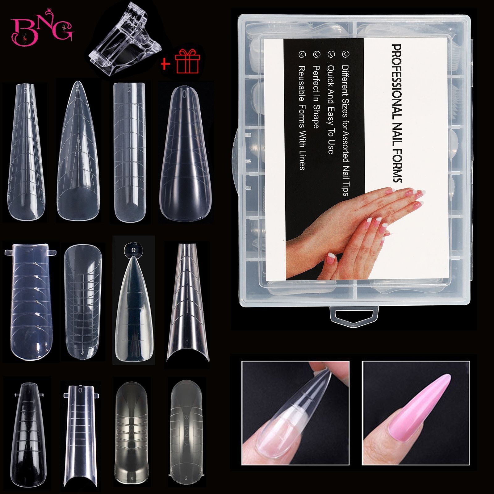 Nail Extension Form Tops -Stiletto Coffin Clear Dual False Tips Full Cover Forms