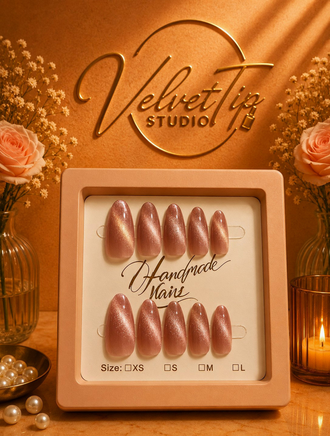 VelvetTip Studio Pink Shimmer Almond Press-On Nails Pre-Designed Set