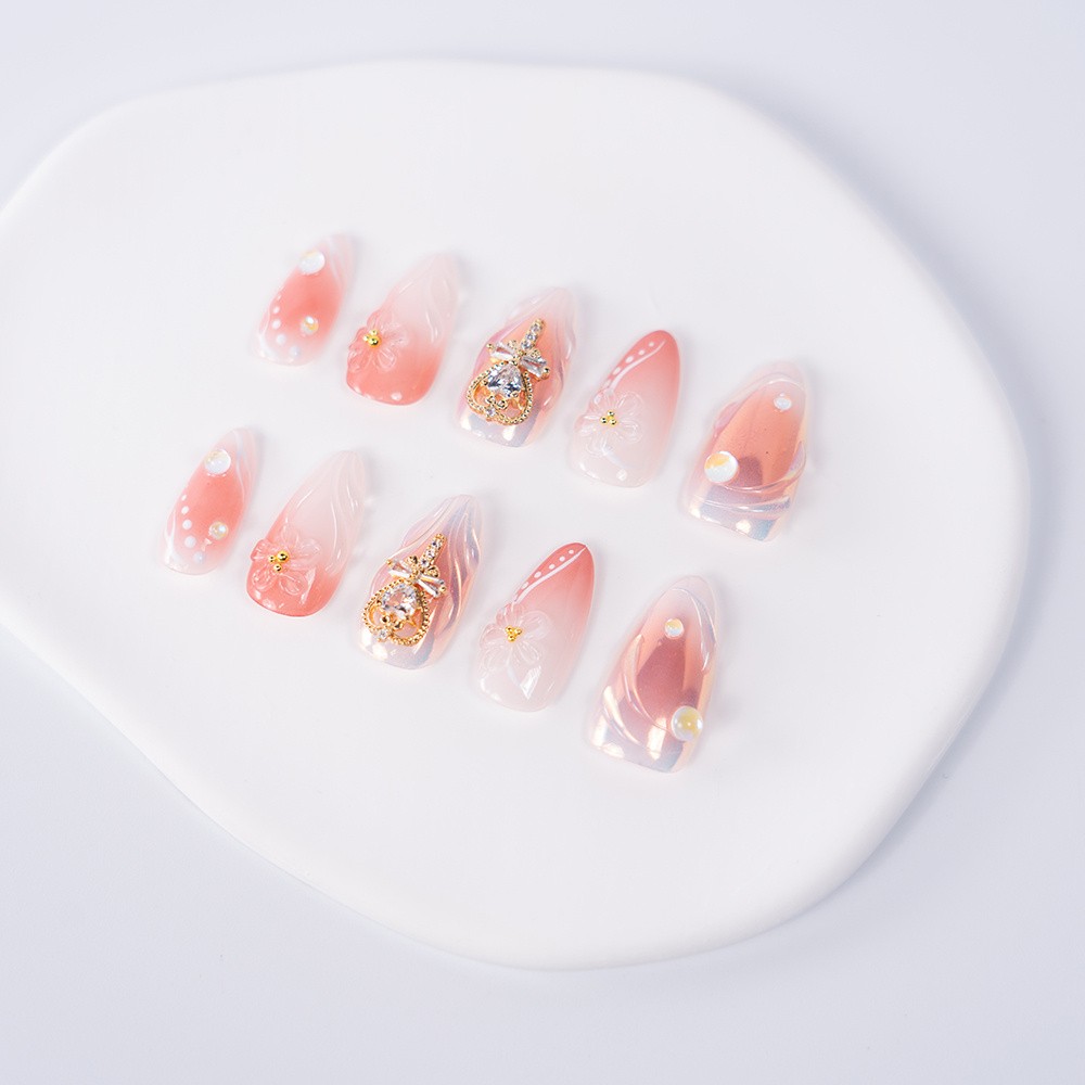 10pcs Peach Gradient Almond Nails 3D Diamond Heart Pearl Luxury Wedding