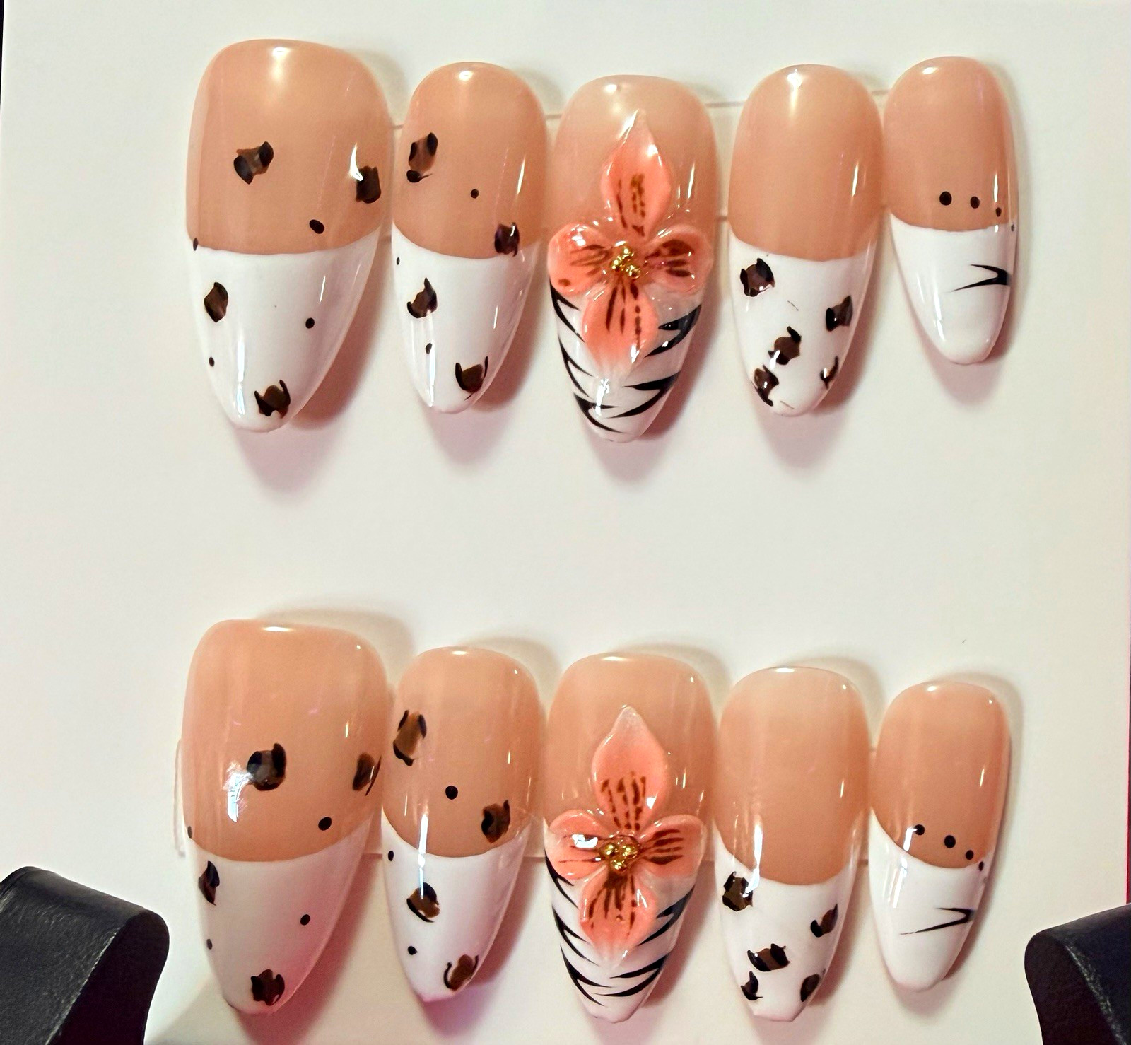 Nude/Pink/White/Black Floral French Tip Oval Press-On Nails, Pre-Designed