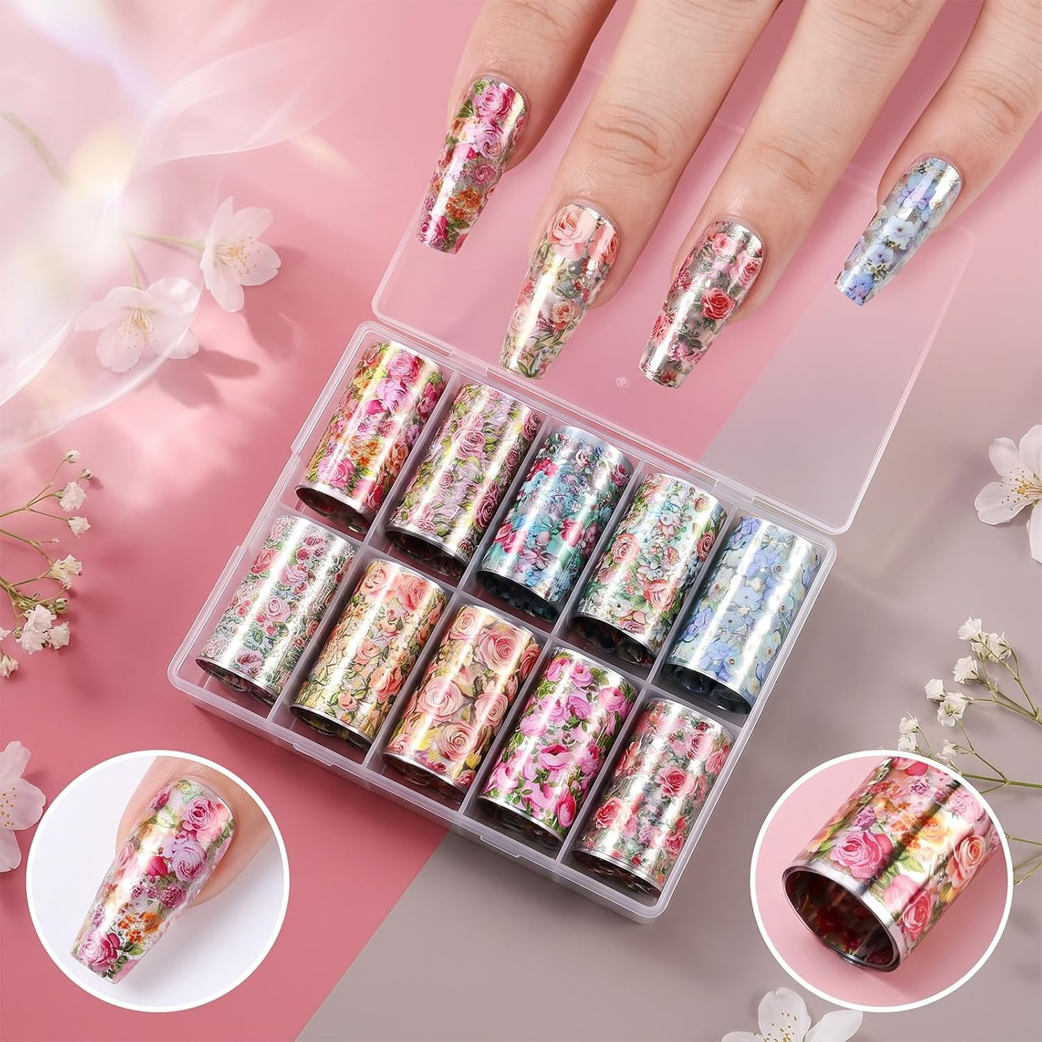 10 Rolls Flower Nail Foil Transfer Sheets Stickers, Nail Art Supplies | Spring F