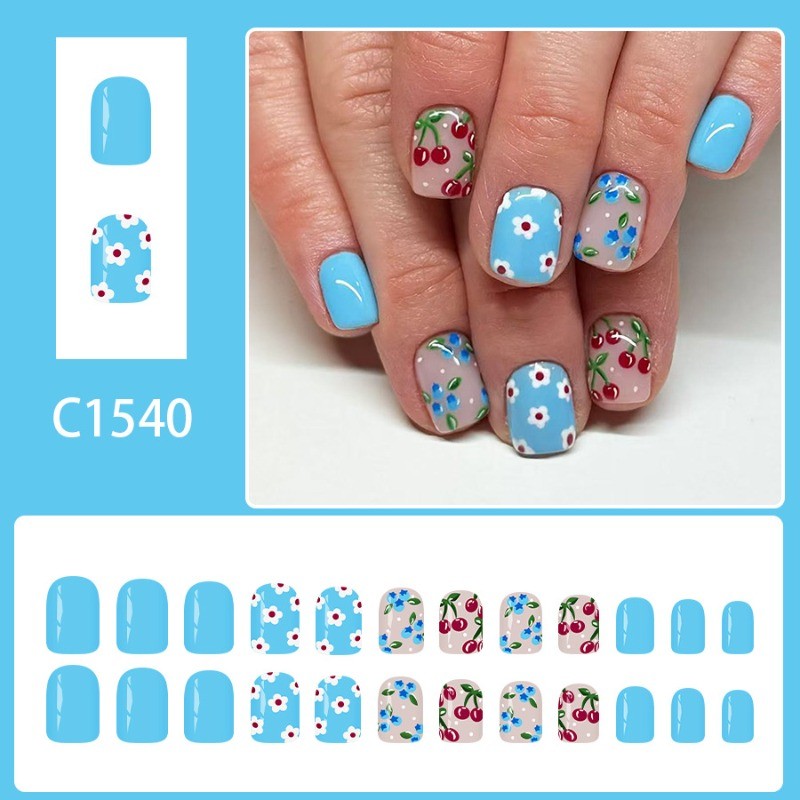 48PCS Short Square Pink Blue Cherry Blossom Reusable Pink Blue Fake Nail Art