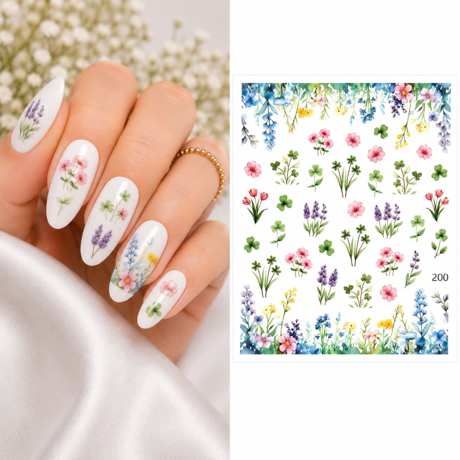 Pastel Wild Flowers Lavender Water Transfer Nail Stickers Decals DIY Manicure