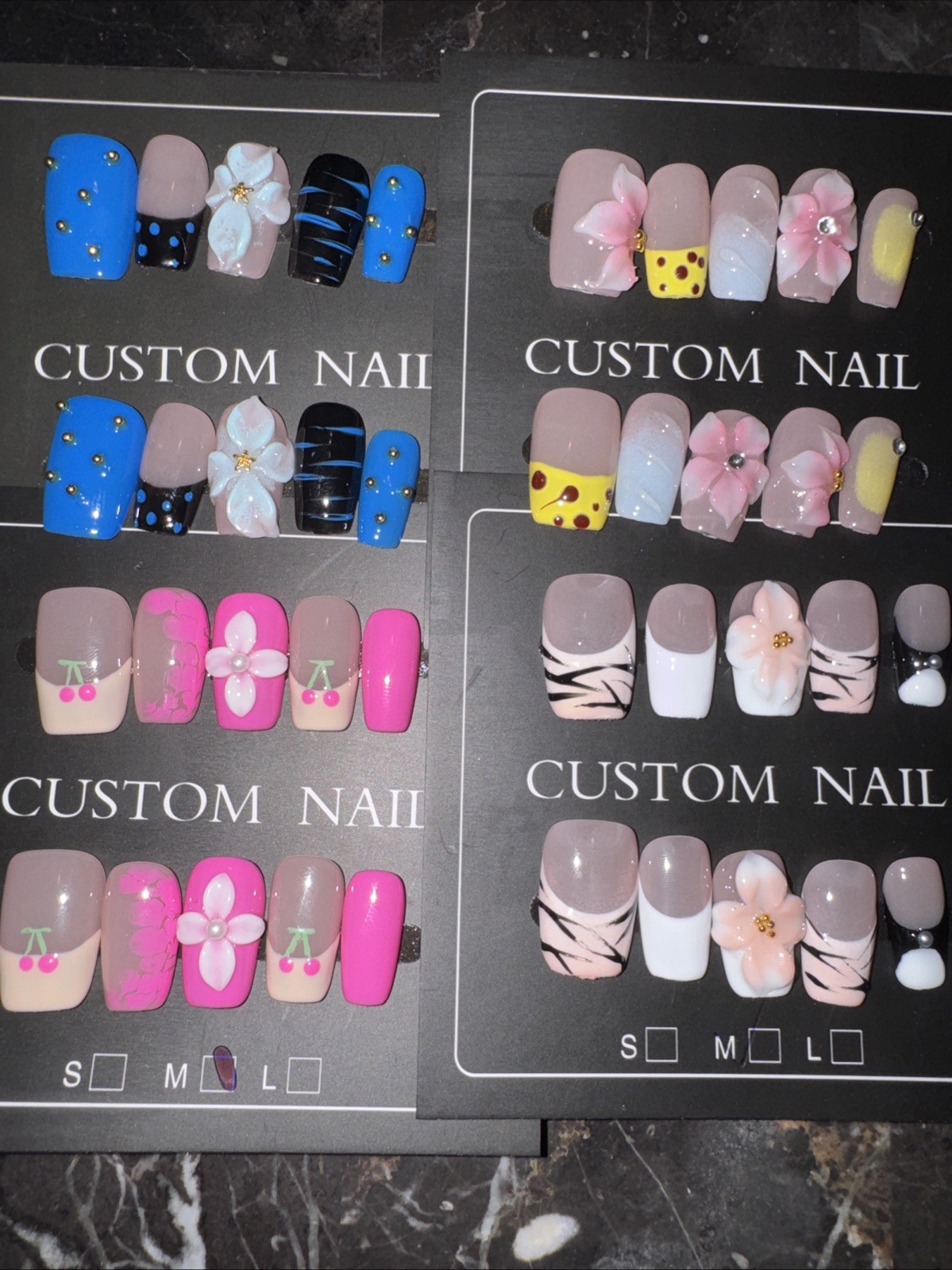 Handmade Short Square Press On Nails Medium 3D Flower French Tip Variety Bundle
