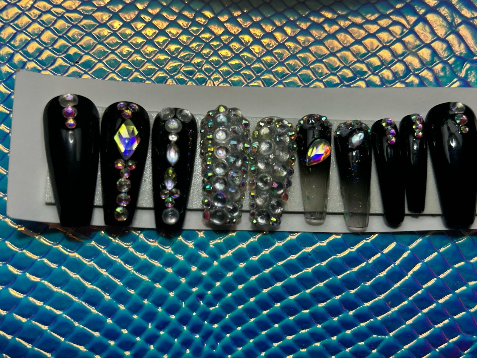 Halloween 🎃Black Handmade Black With Diamonds Press On Nails Long Coffin ✨🖤