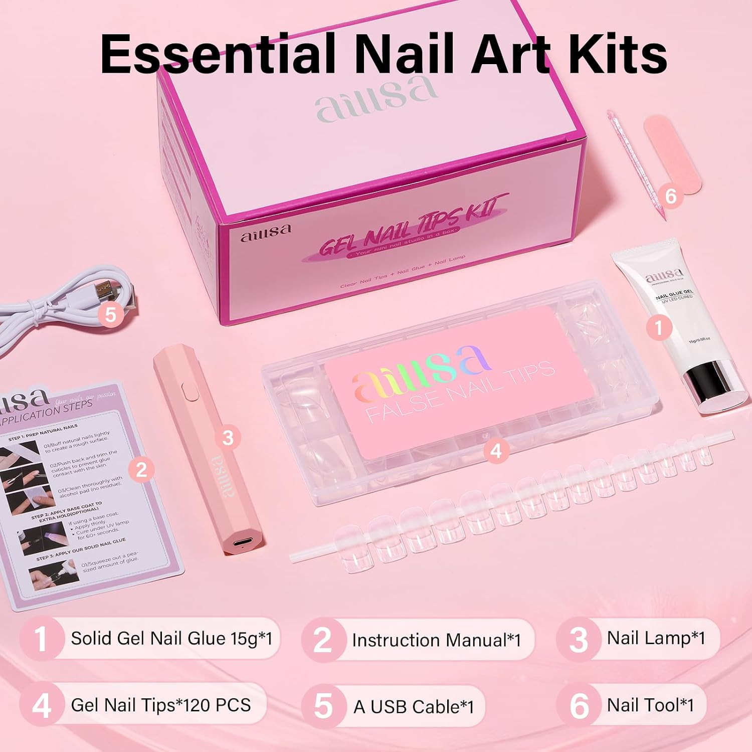 Gel Nail Tips Kit with 15G Nail Glue Gel & Mini UV Lamp | Full Cover Nail Tips S