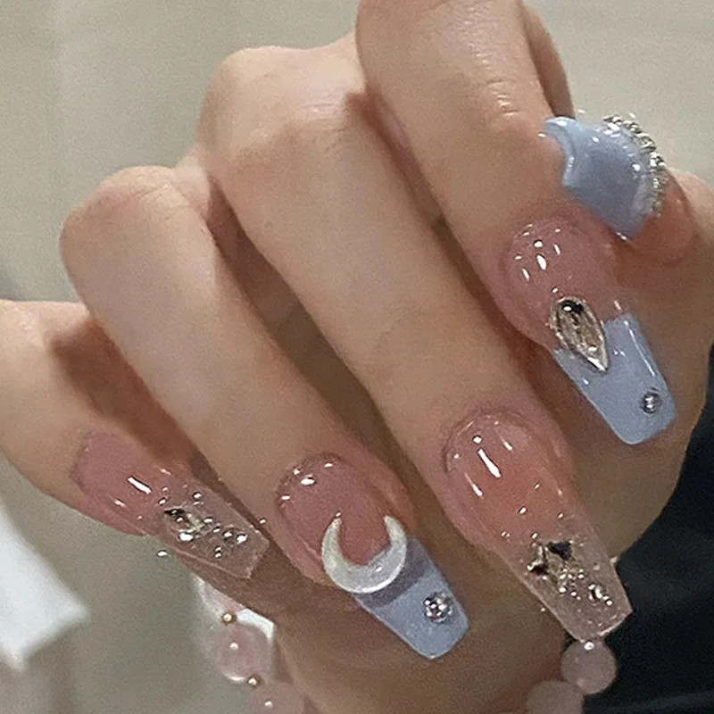 French Glitter Short Square Coffin Press on Nails Full Cover Acrylic Fake