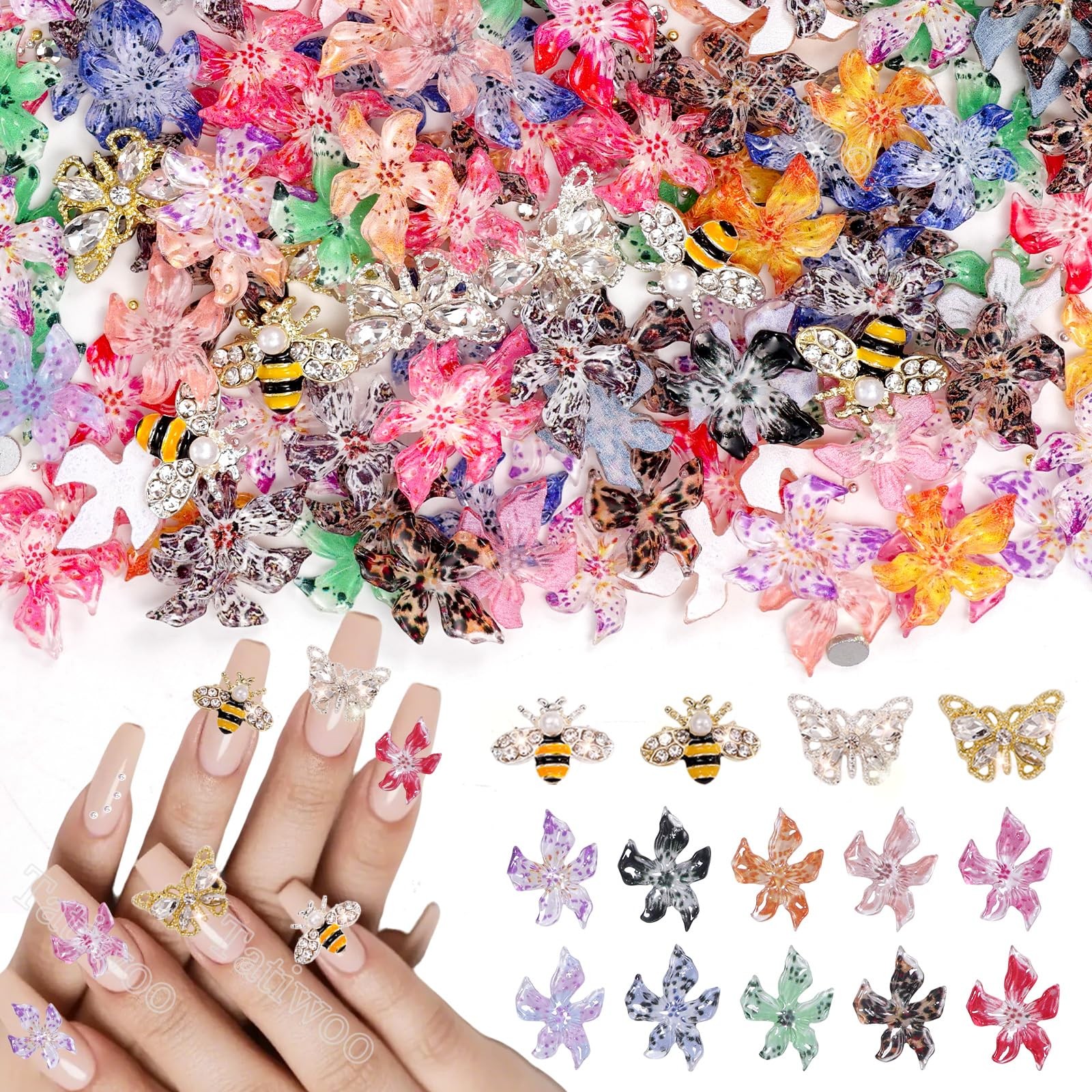108 Pcs Flower Nail Charms, 3D Hawaii Flower for Nails Butterfly Bee Nail Gem…