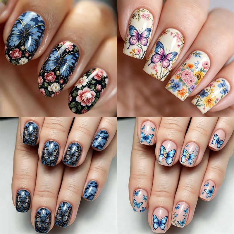 96Pcs Medium Rectangle Nails, Retro Blue Tone, Flower & Butterfly Pattern