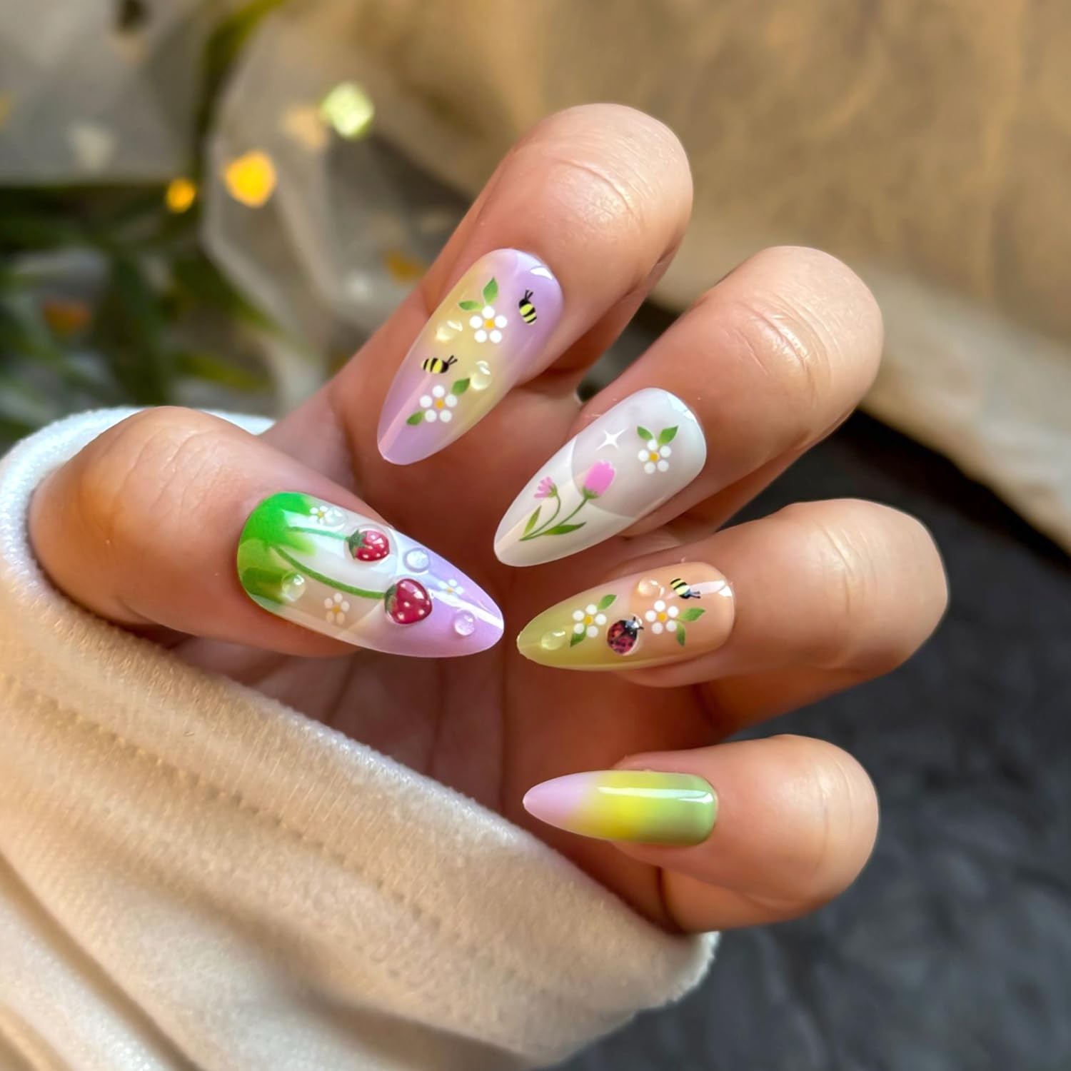 24Pcs Summer Flower Press on Nails Medium Kit Colorful – 3D Ladybug, Strawber…