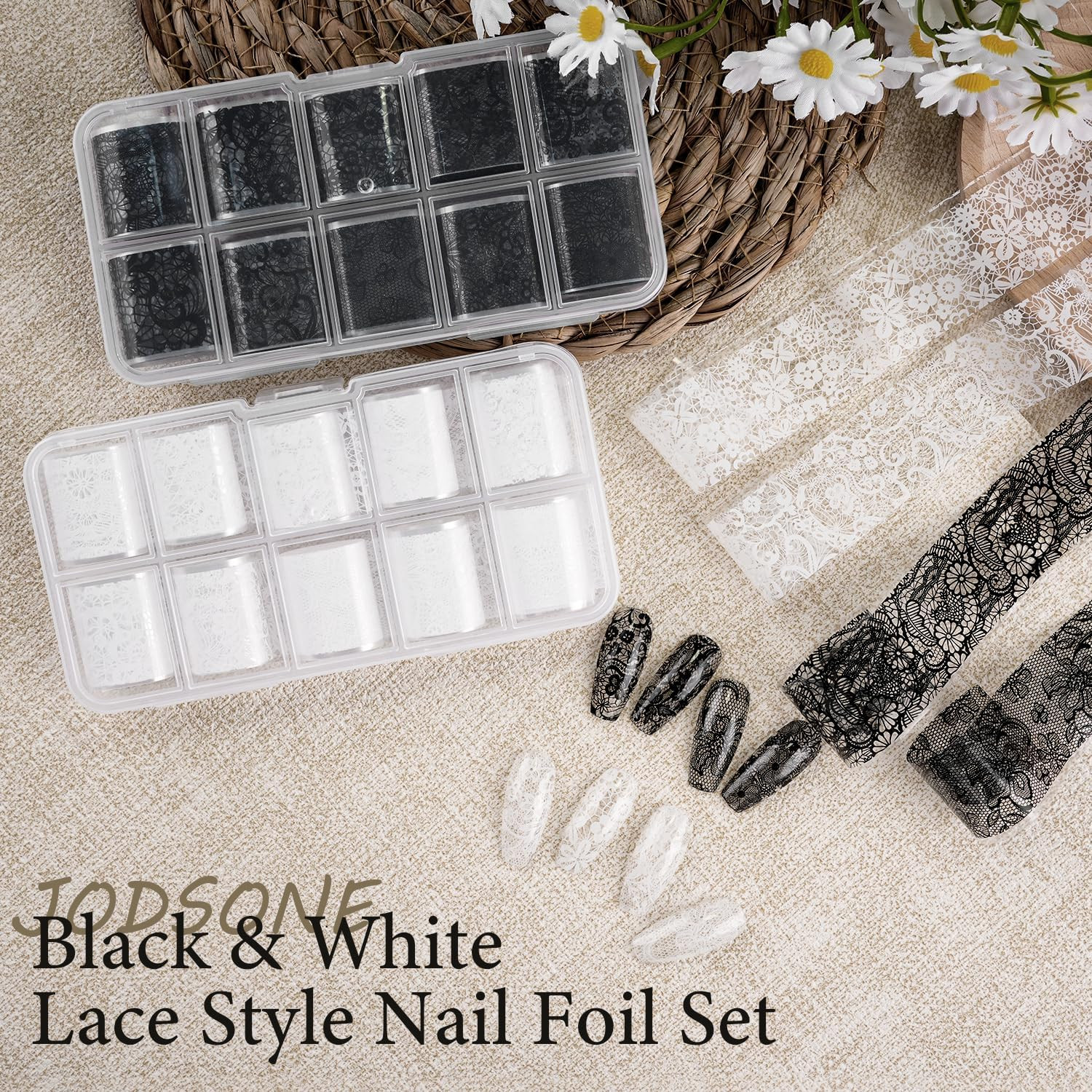 Lace Nail Foils,20 Rolls 2 Boxes Black and White Nail Art Transfer Stickers, Hol