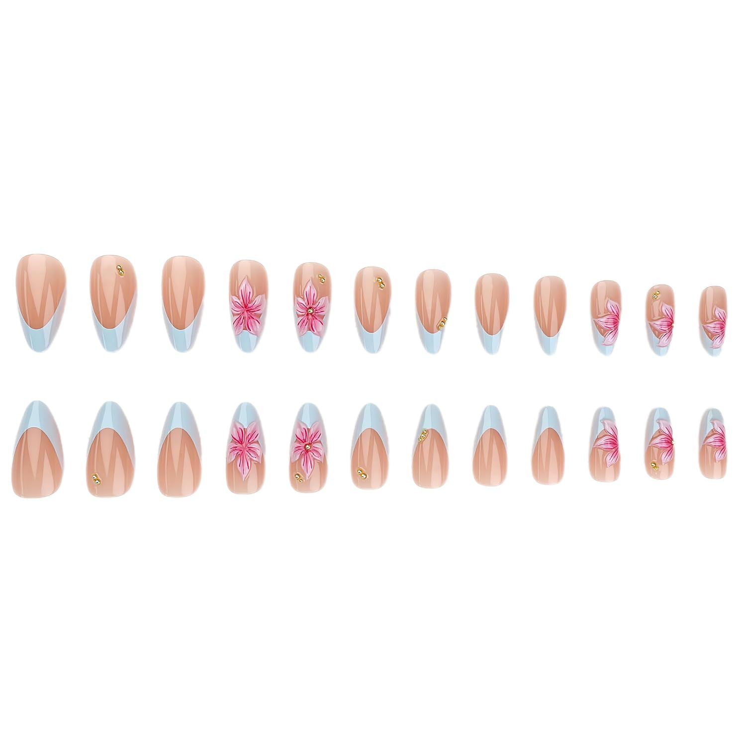 24Pcs Almond Press on Nails 3D Pink Fake Nails Medium Blue French Tip False Nail