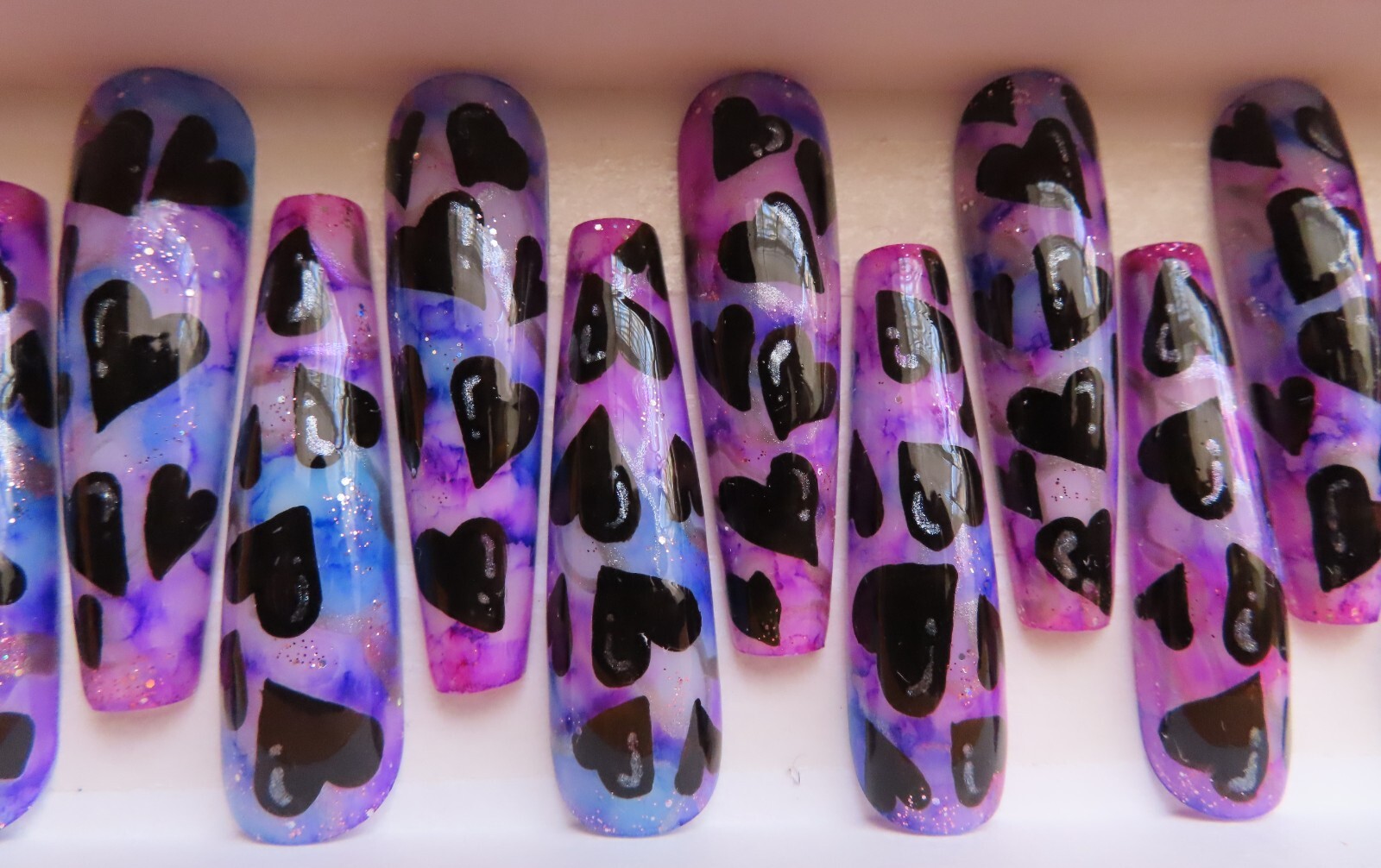 XL Blue Purple Black Silver Bubble Heart Ink Square Coffin Press On Nails (20)