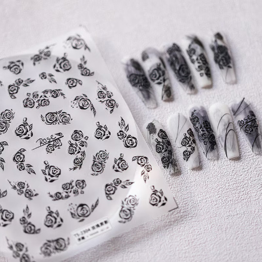 5D Black Rose Nail Stickers, Flower Nail Stickers, Embossed Nail Decal Art (269)