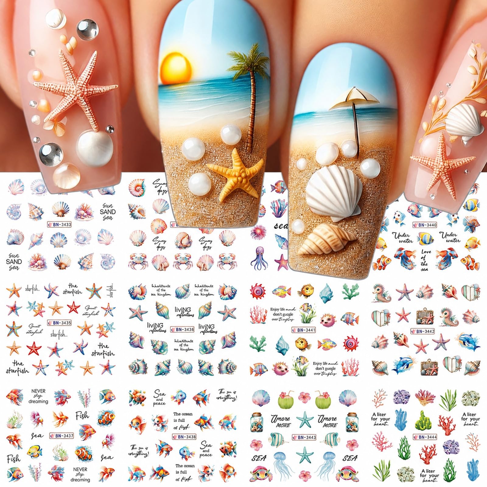 Summer Ocean Water Transfer Nail Stickers, Sea Life Nail Decals with Shell St…