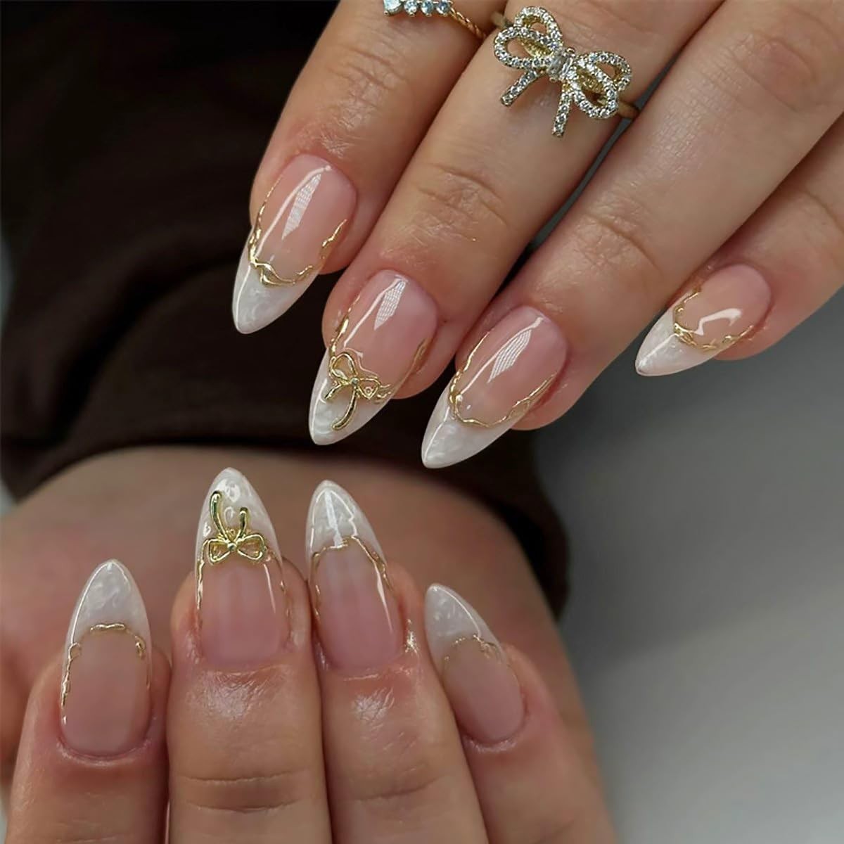 24pcs White French Tip Press on Nails Medium Almond Fake Medium, Multicolor