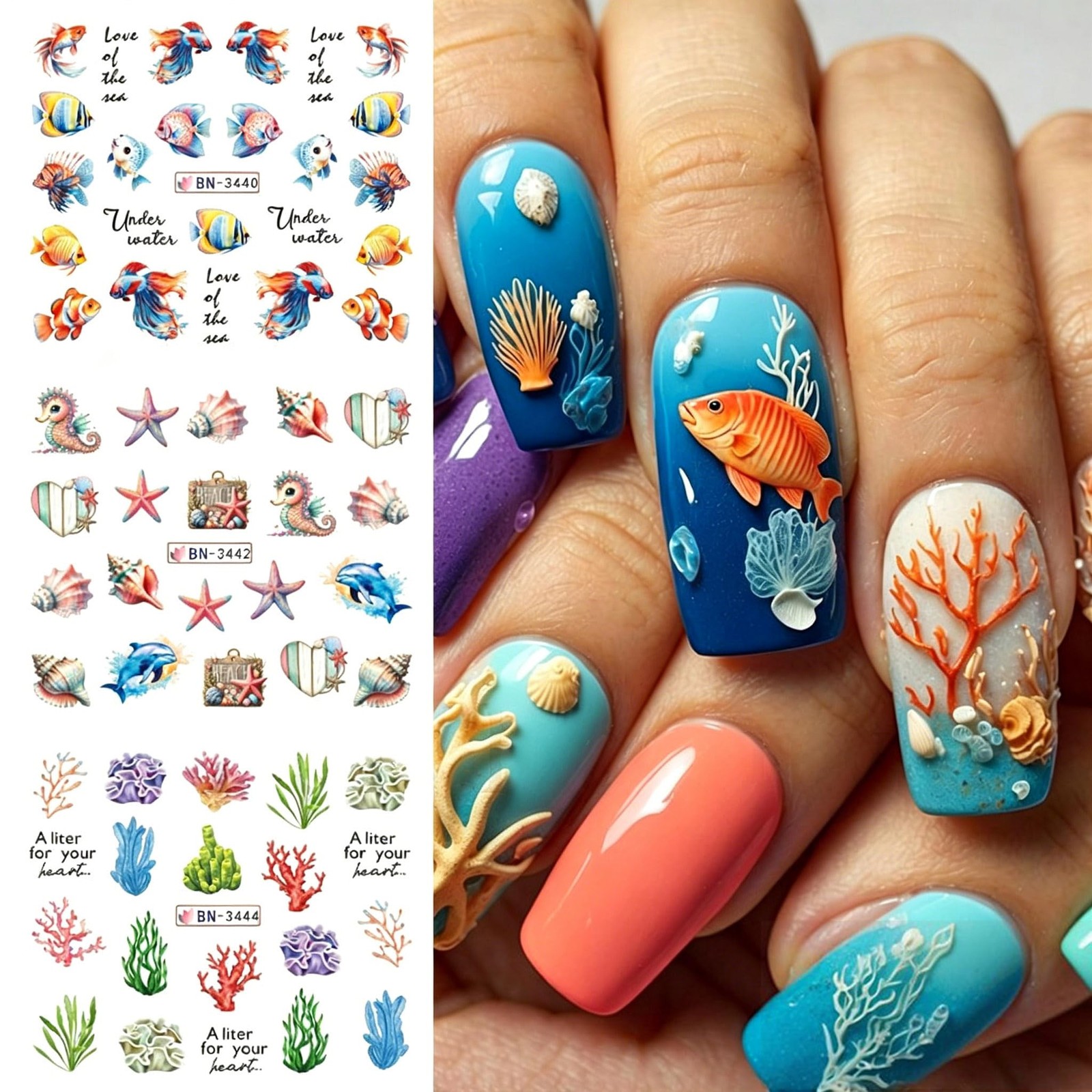 Summer Ocean Water Transfer Nail Stickers, Sea Life Nail Decals with Shell St…