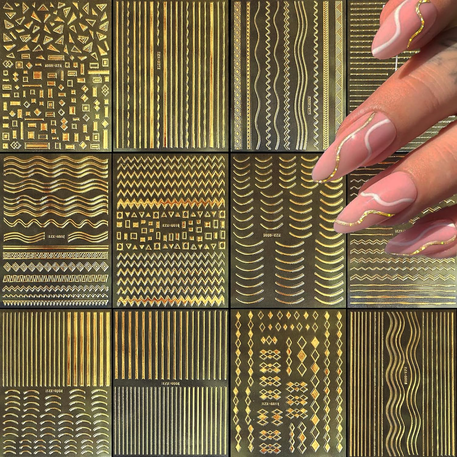 12 Sheets Gold Nail Stickers – 3D Self-Adhesive Metal Geometric Stripe Wave Nail