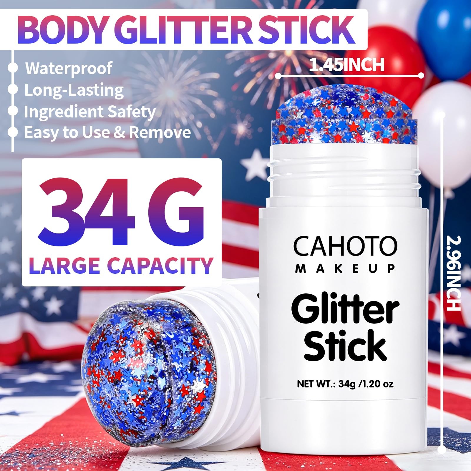 Starlet Glitter Stick, Red White Blue Star for Body Hair, Patriotic Pride USA…