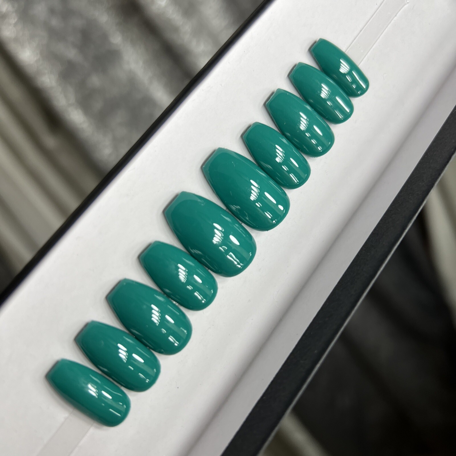 🔥 CUSTOM Gel Press On Nails, ￼ ￼Blue Green, Ballerina short, 10p Set W FULL KIT