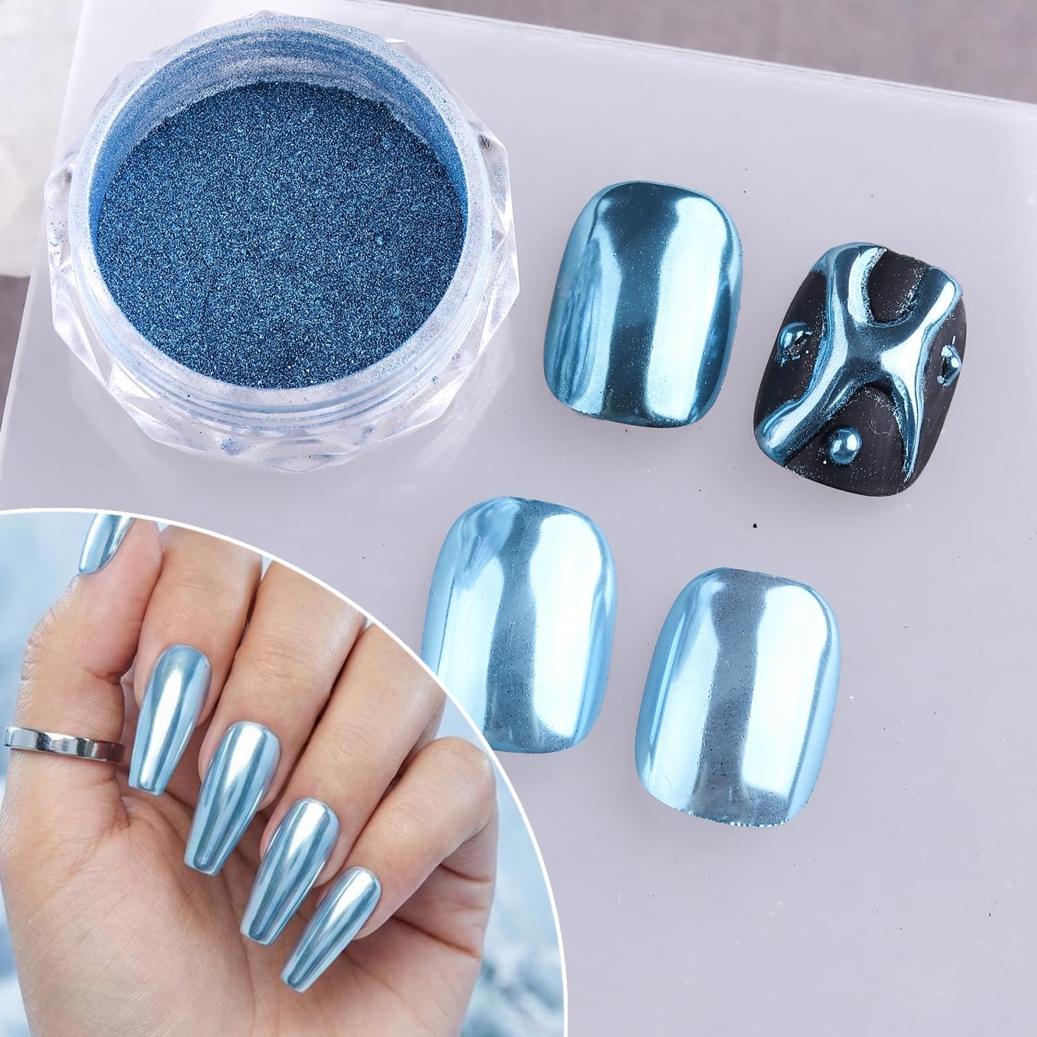 4 Colors Chrome Nail Set, Blue Silver Metallic Mirror Effect Nail Chrome Holo…