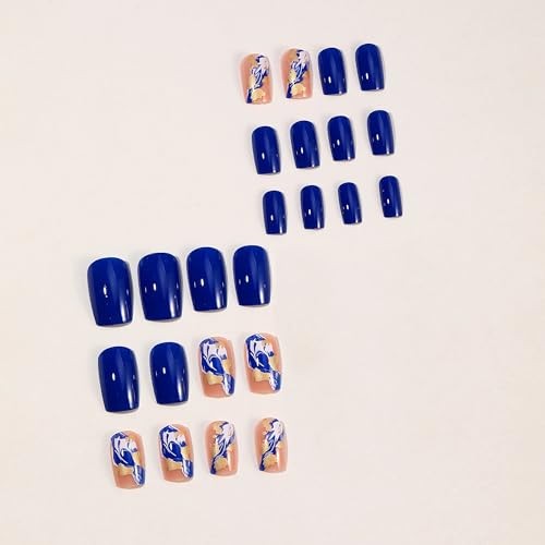 Square Press on Nails Medium – Royal Blue Glue Ons – Ink Design – Gold