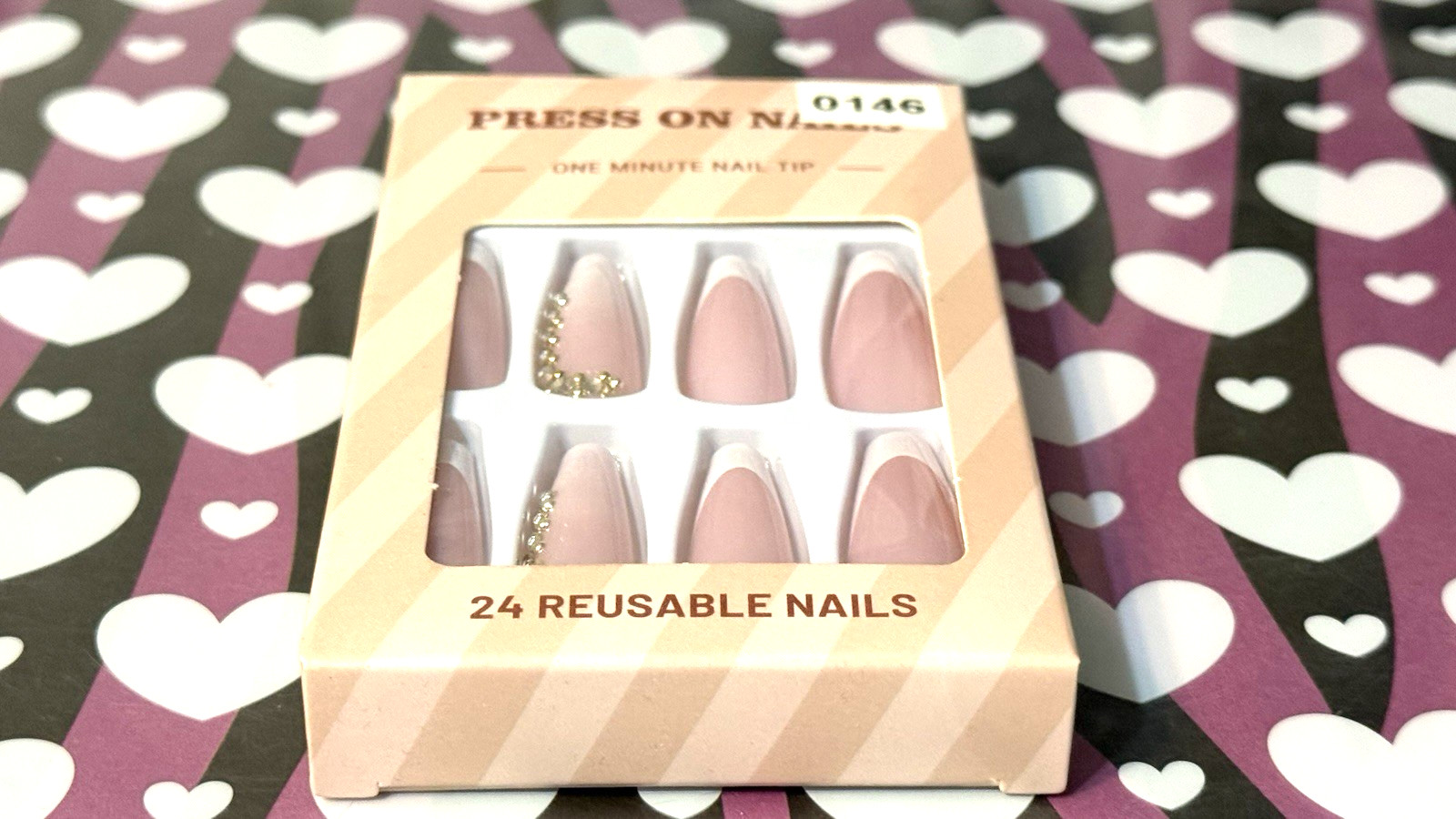 Press On Nails One Minute Nail Tip NUDE with WHITE FRENCH TIP & BLING 24 Long