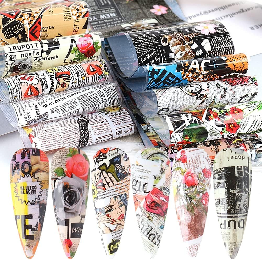 Retro Newspaper Nail Art Foil Transfer Stickers,Nail Art Supplies Holographic Na