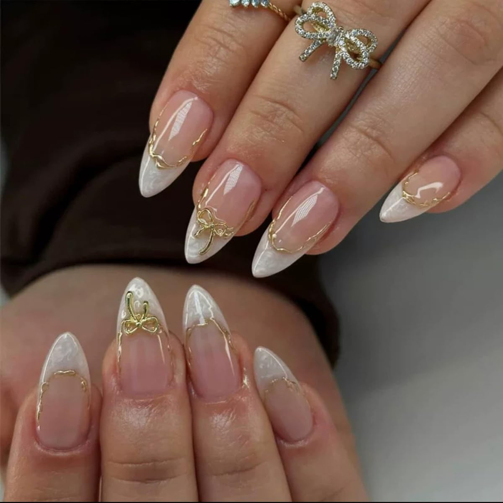 French Press On Nails Medium Almond with 3D Bow Acrylic Design, Gold Line, 24