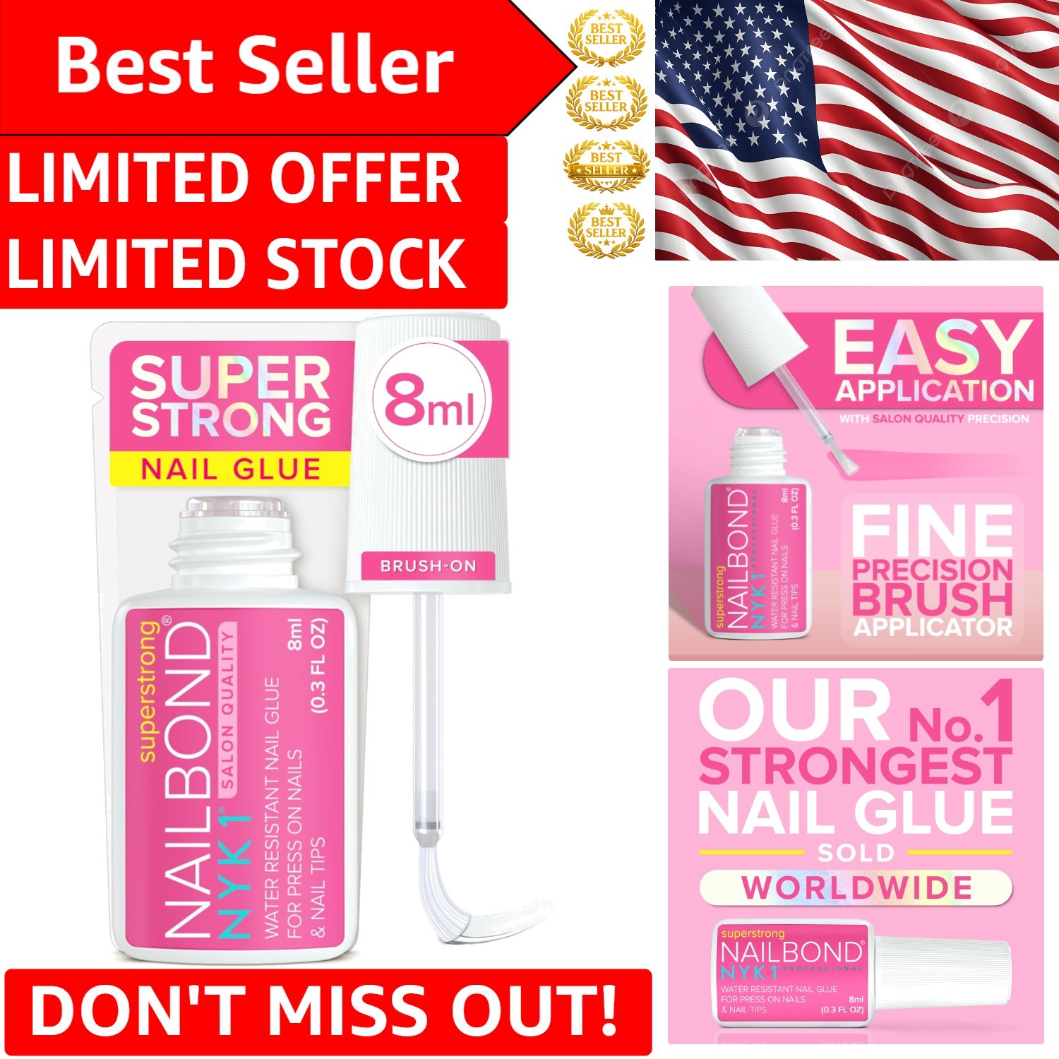 Mess-Free Brush On Nail Glue – 8ml Super Strong & Water Resistant for Fake Nails
