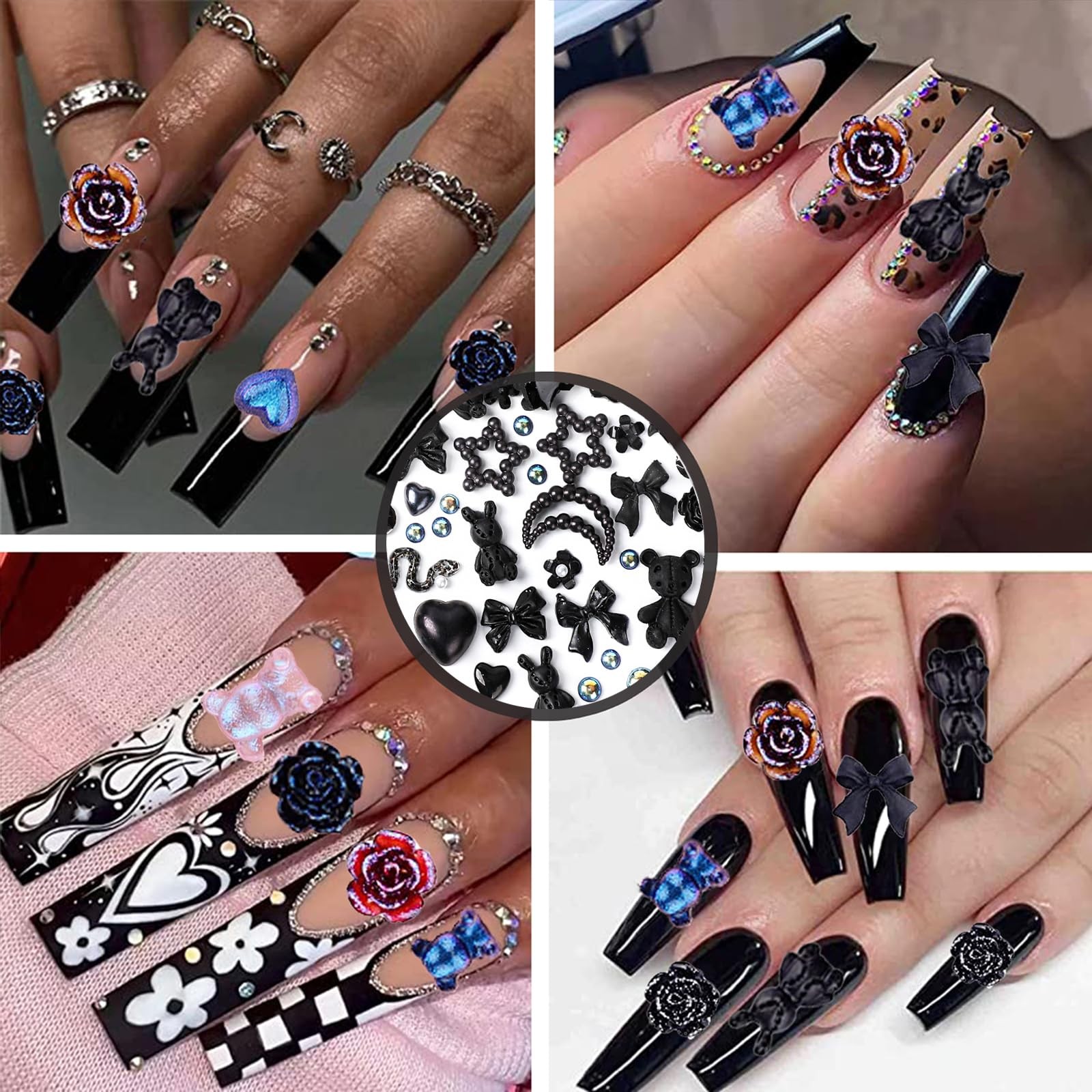 110PCS 3D Nail Charms – Camellia, Rose, Butterfly, Heart, Bear, Star (Black+2)