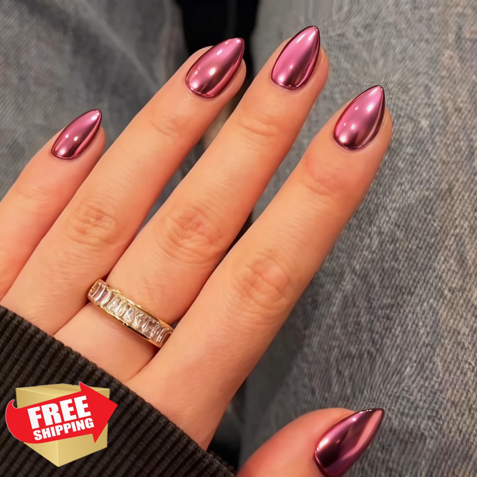 KQueenest Chrome Press On Nails Almond Pink