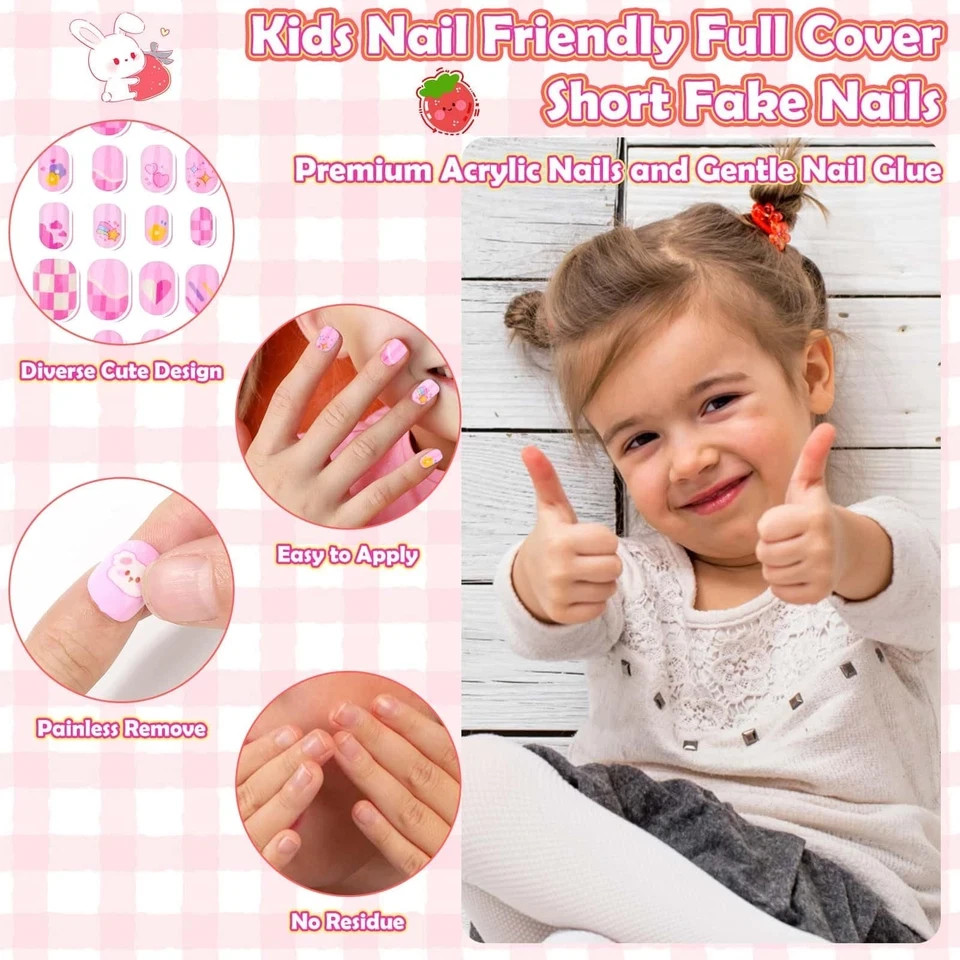 288 Pieces Kids Stick on Nails Girls, Acejoz Fake Nails Set Self Adhesive Press