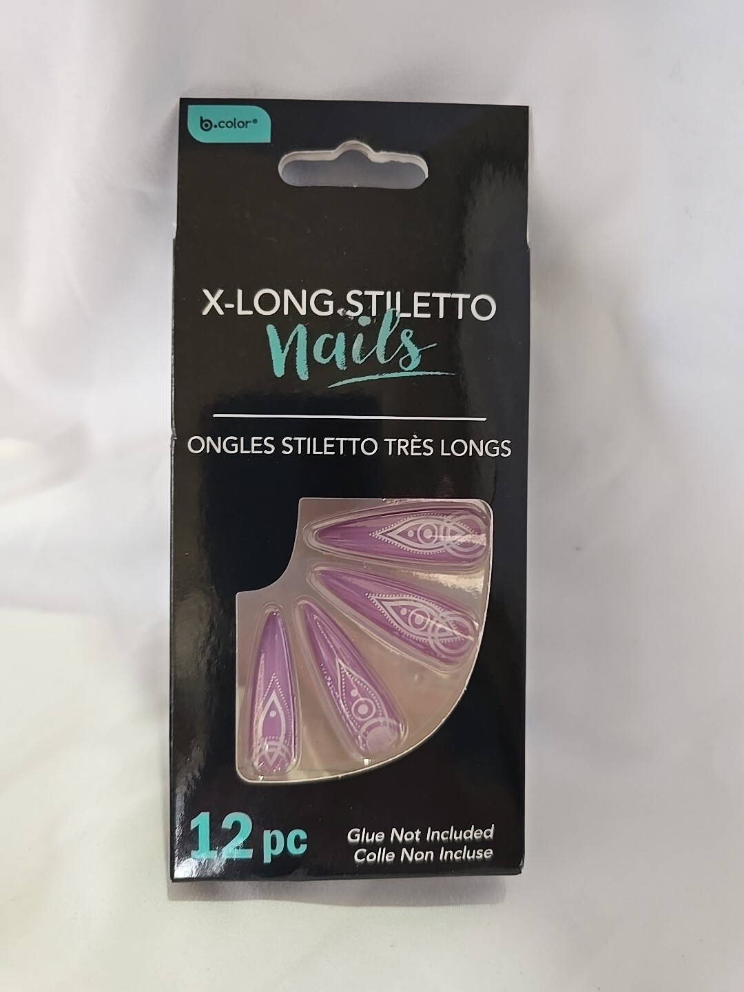 XL Fashion Nails 12ct Stiletto Fake Artificial Nails New Purple W/Design