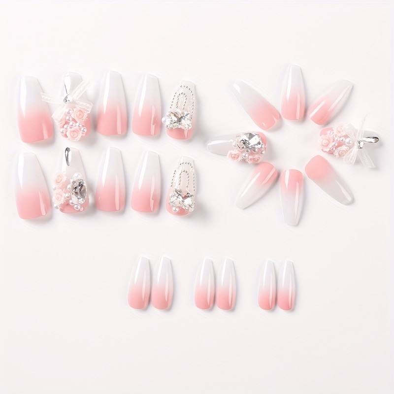 HandmadePinkGradient Flower Lace Bow Ballet NailsWearable For Daily Party