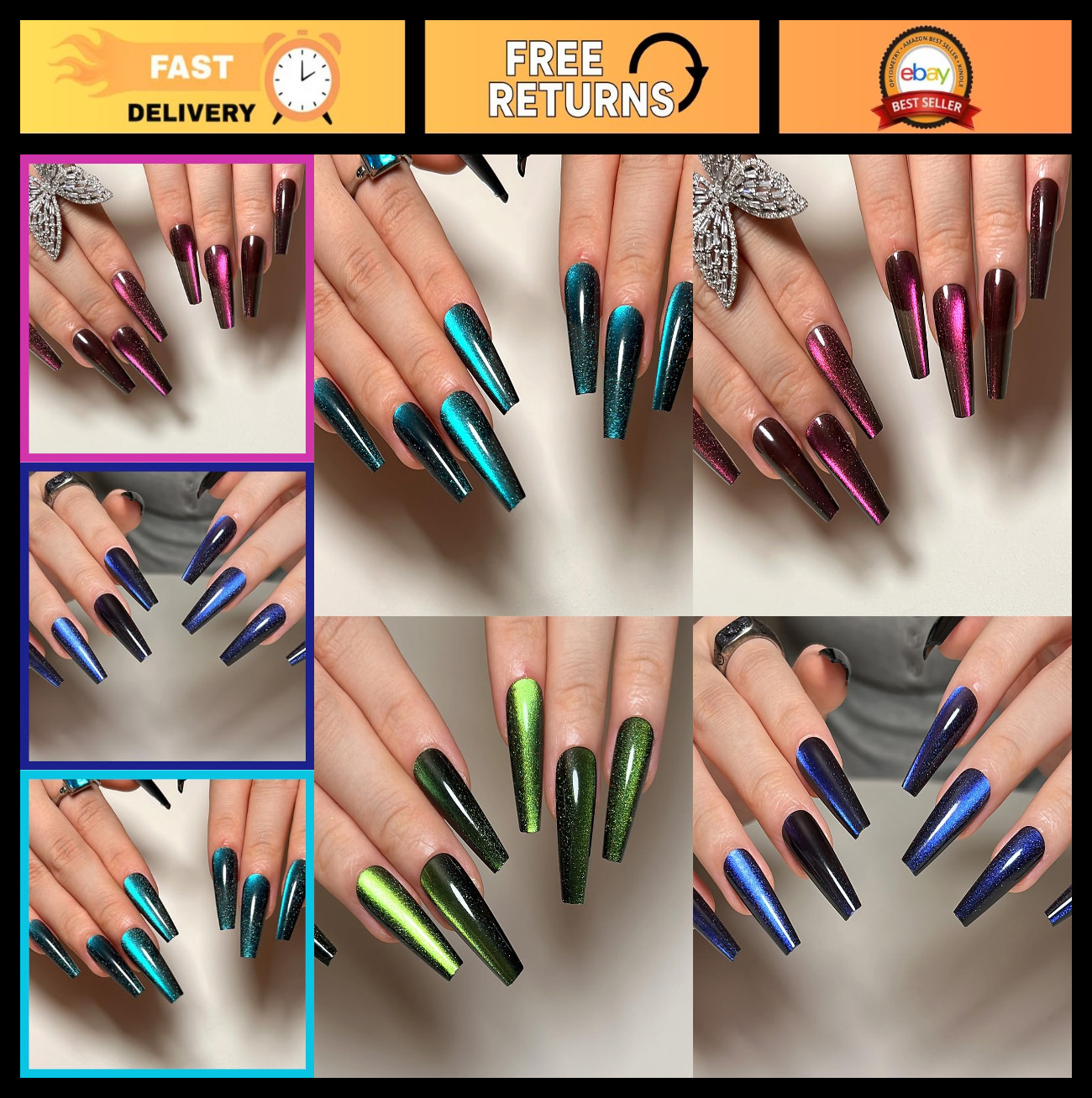 4 Pack Long Coffin Glitter & Gradient Acrylic Nails, Full Cover Stick-On, 96pcs