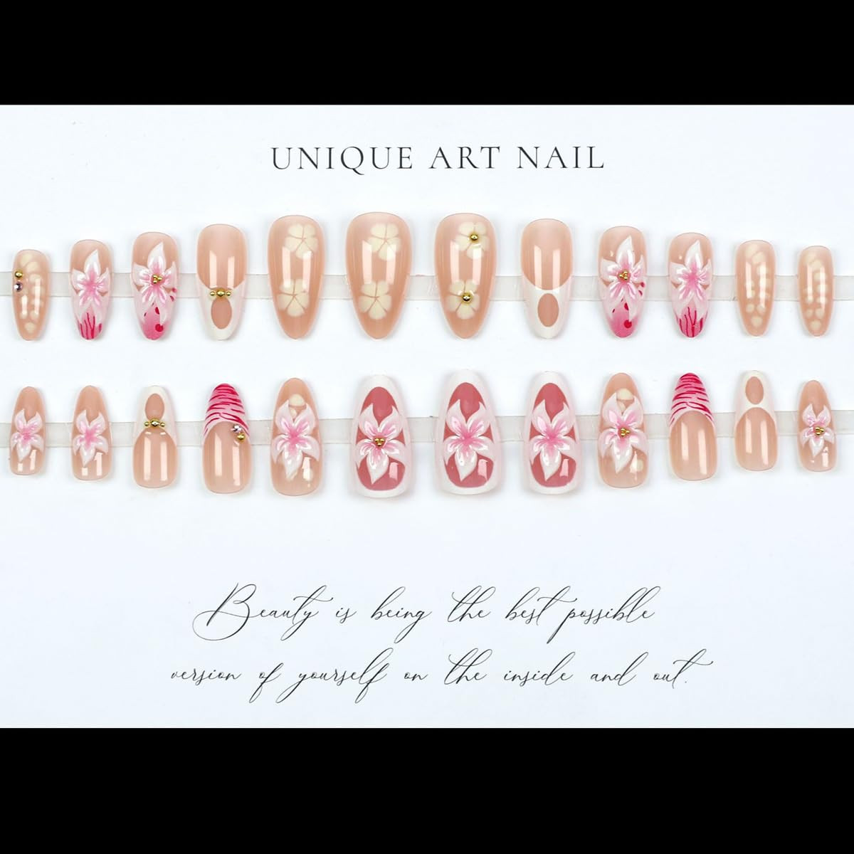 24Pcs Pink Flower Press on Nails Medium Almond Fake Nails 3D Floral with Gold Pe