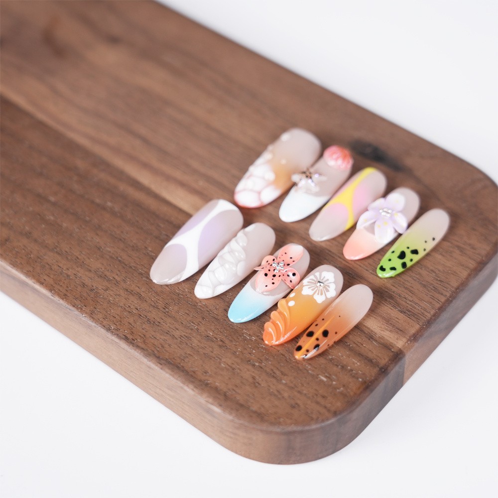 Handmade Summer Ocean Floral Press on Nails Shell Starfish Glossy Fake Nails