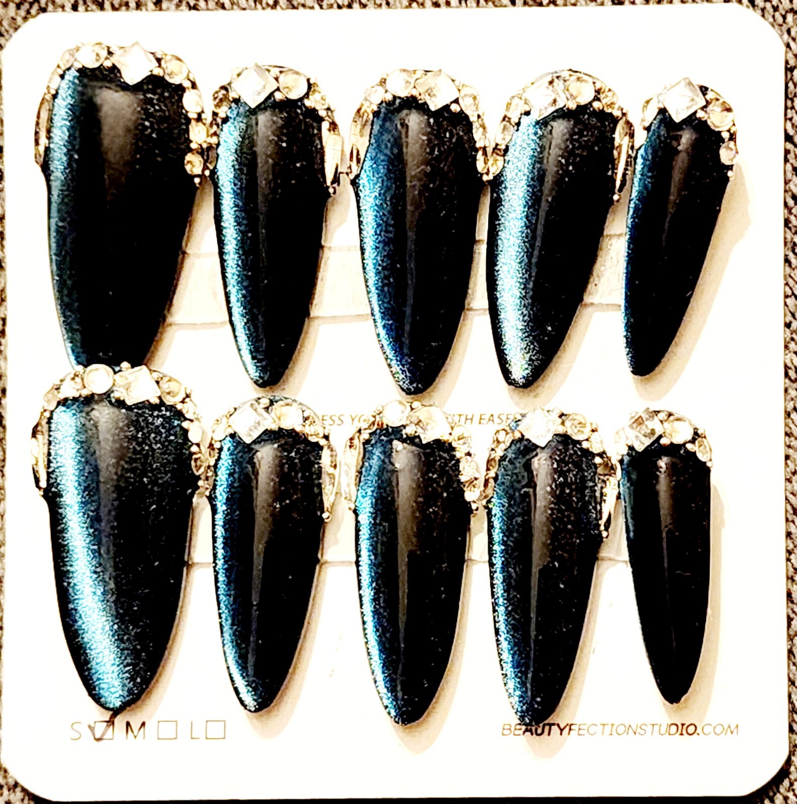 Long Blue Cats Eye Almond Press on Nails With Glue Tabs Bling Reusable New Small