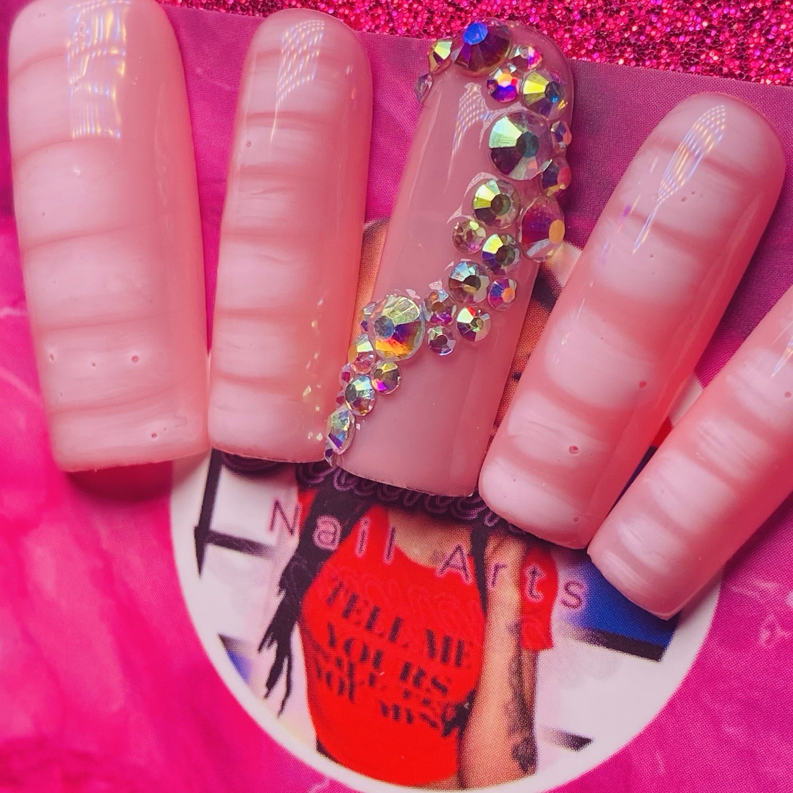 Square Press-On Nails Pink Shiny 3D Sparkle by Authentic Nail Arts by Dia