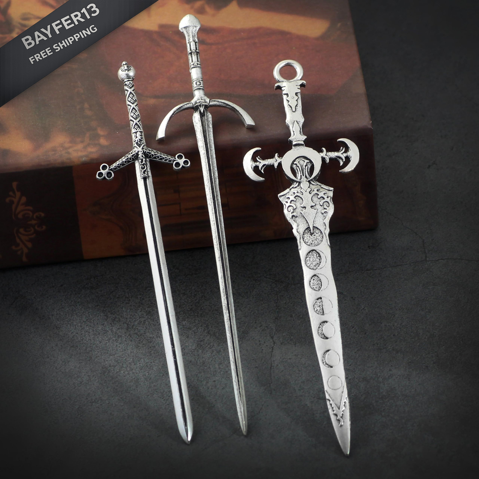 3-Piece Sword Hair Pin Set – Gothic and Viking 1 Count (Pack of 3), Silver