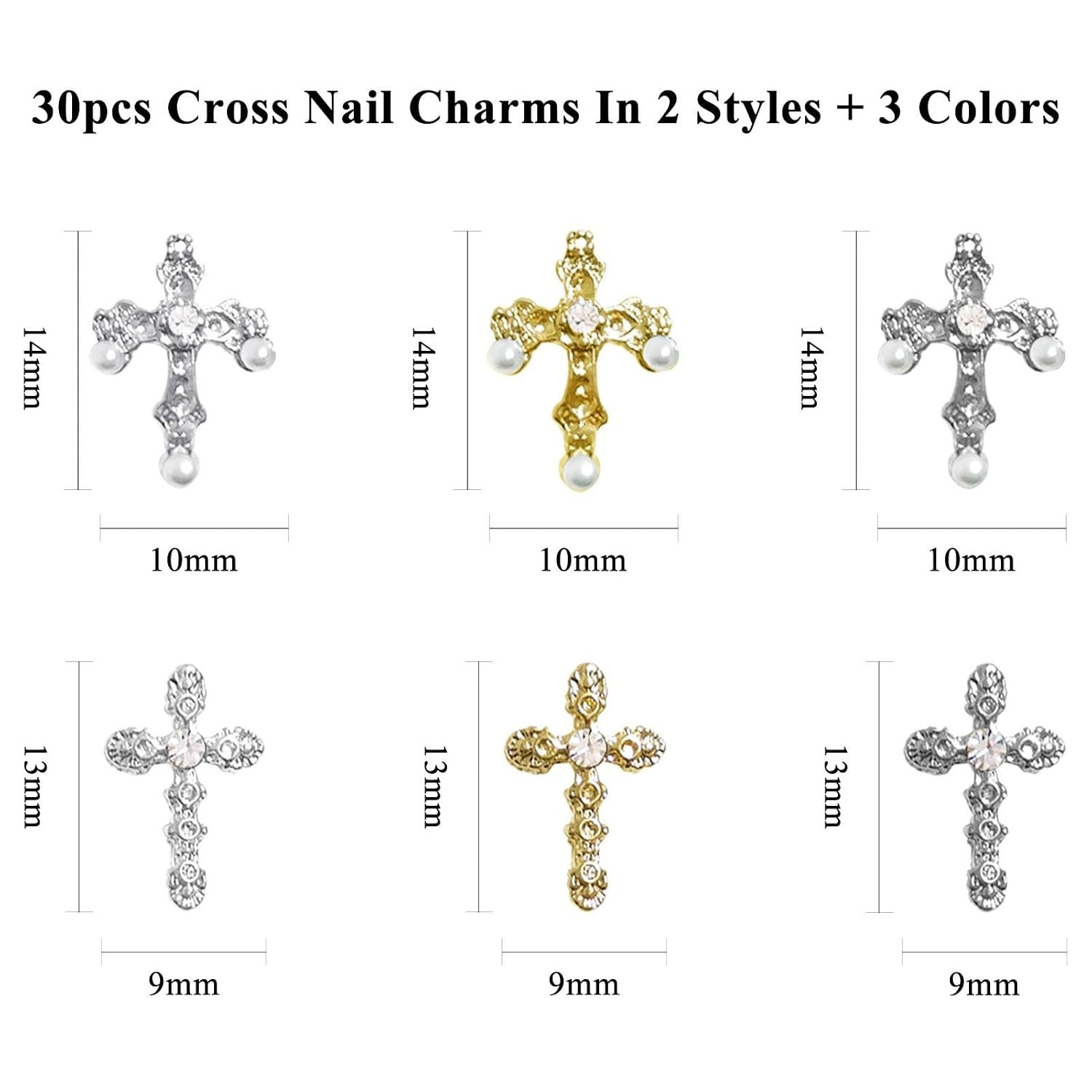3D Cross Nail Charms, 30pcs Cross Nail Decorations for Nail Art Pearl Gems