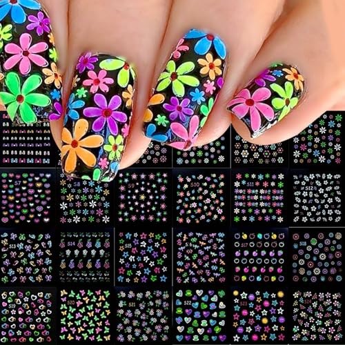 30 Sheets Fluorescent Daisy Nail Art Sticker 3D Colorful Fruit Self- Red Heart