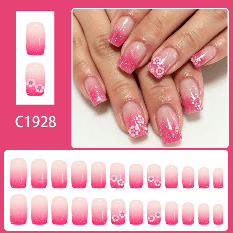 48Pcs Short Square Nails, Pink Gradient & Hand Painted Flowers, Sweet Style