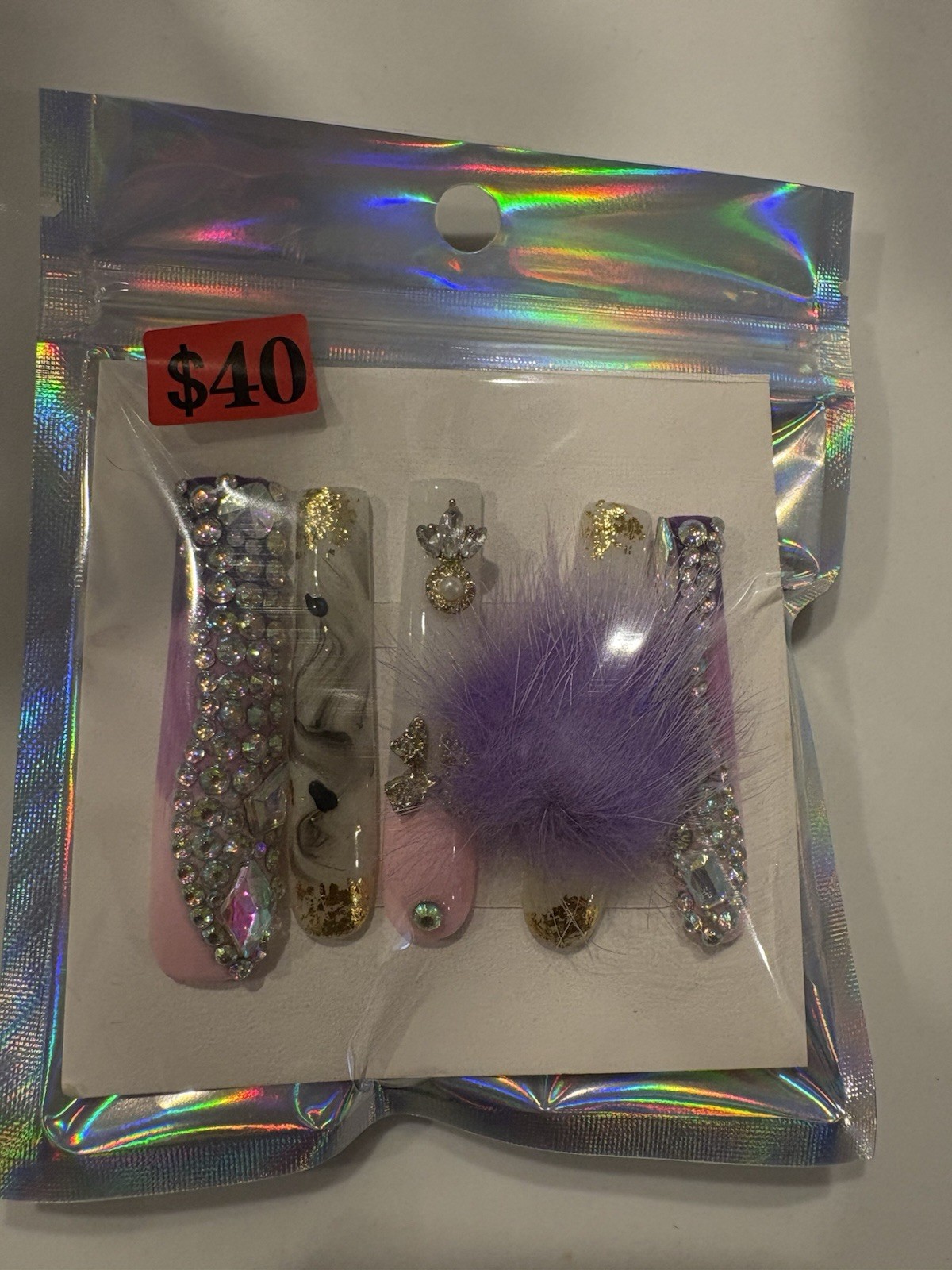 Long Square Full Cover Press-On Nails, 3D Rhinestone Purple Pink White Gold