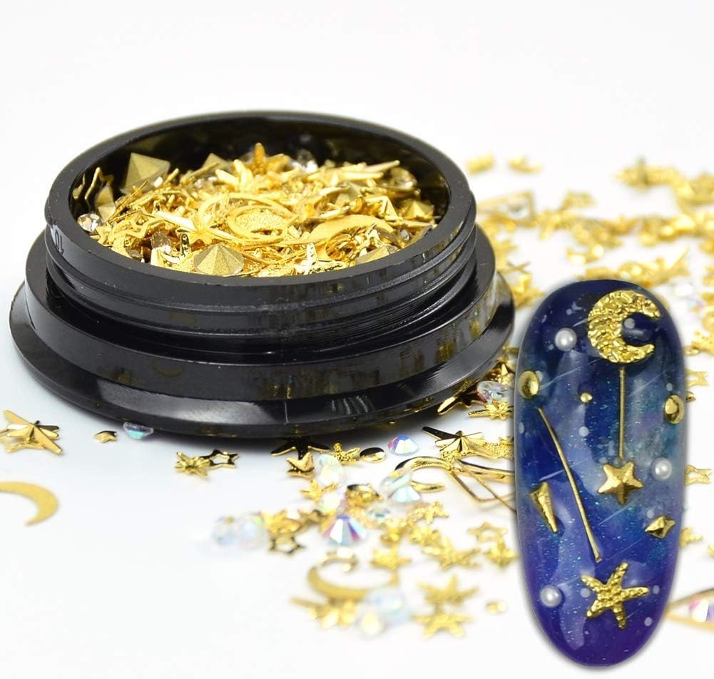3D Gold Star & Moon Nail Charms – Sparkle Rhinestone Art for Valentine’s Day