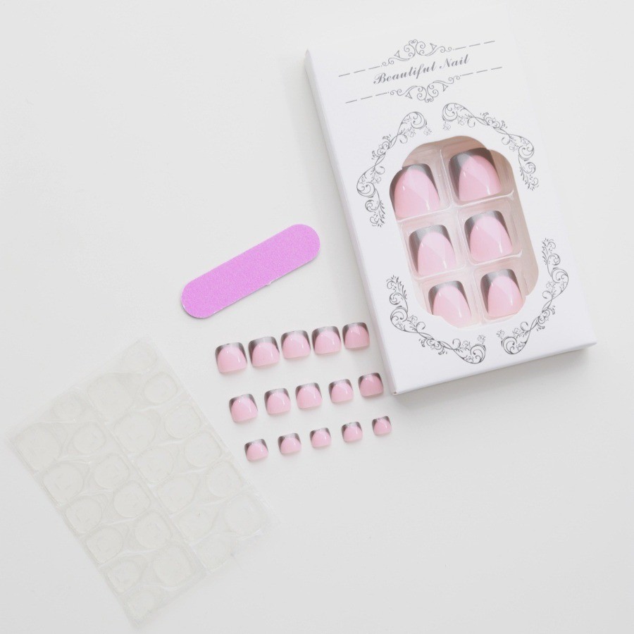 48Pcs-Toe Nails Nude Silver Metal French Press on Toenails Minimal Style